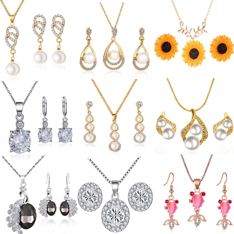 Mode Legierung Zirkonia Künstliche Perle Blume Wassertropfen Herz Anhänger Halskette Ohrringe Duo Damen Schmuck Geschenk