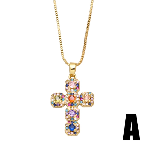 Collana Con Pendente A Croce Religiosa Per Donna Rame Placcato Oro 18K Con Zirconi Colorati Vergine Maria Gioielli