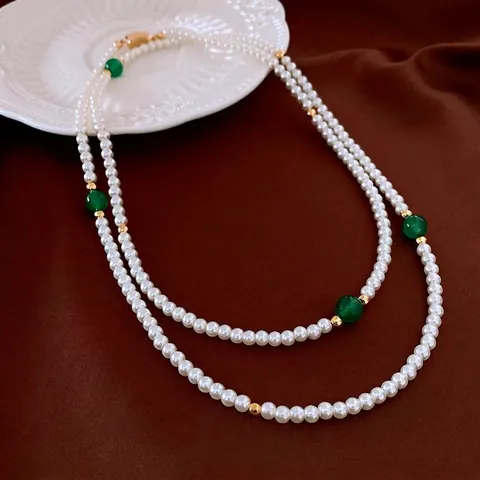 Collar De Doble Capa Para Mujer Elegante Vintage Perla Artificial Con Cuentas De Ágata Verde Y Separador Dorado