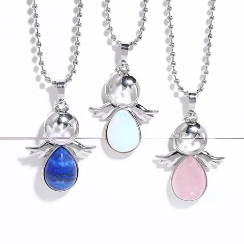 Vintage Angel Wing Pendant Necklace Copper Crystal Natural Stone Aesthetic Healing Jewelry Gift For Women