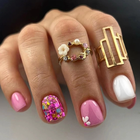 Kurze Quadratisch Runde Press On Nägel Süße Rosa Weiße Blume Glänzend Glitzer Falsche Nägel Für Frauen Minimalistisches Design