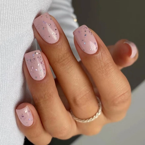 Uñas Postizas Rosadas Con Lentejuelas Coloridas Diseño De Brillo Cuadrado Redondo Estilo Ins Dulce Para Mujeres