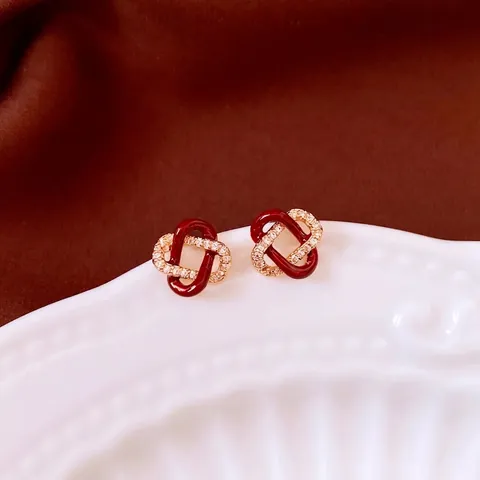 Orecchini A Bottone Geometrici Intrecciati Smalto Rosso Zircone Rame Placcato Oro Con Perno In Argento Gioielli Eleganti Donna