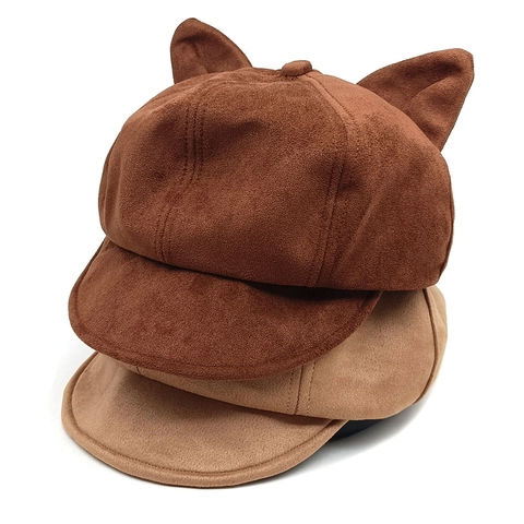 Women Cat Ears Newsboy Cap Suede Retro Solid Color Beret Hat Autumn Winter Warm Fashionable