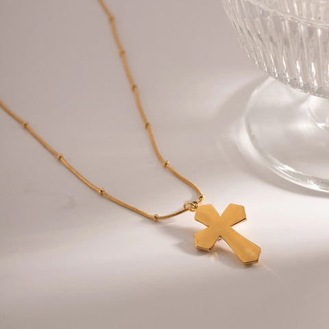 Vintage Stainless Steel Tiger Eye Stone Cross Pendant Necklace Gold Plated 3D Hammered Texture Satellite Chain Jewelry