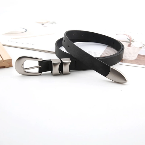 Ceinture Fine Pour Femmes Cuir PU Alliage Boucle À Ardillon Rétro Pointe En Métal Argenté Style Coréen Minimaliste Décontracté
