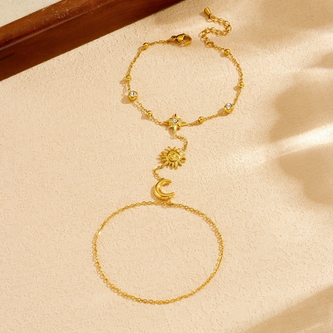 Bracelet De Doigt Céleste Acier Inoxydable Plqué Or 18K Breloques Soleil Lune Étoile Avec Zircon Bijoux Femmes