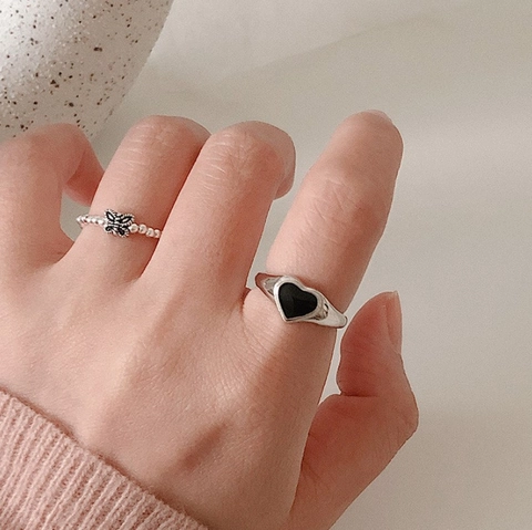 Anello In Argento Sterling S925 Vintage Minimalista Cuore Nero Smalto Aperto Regolabile Gioielli Da Dito Per Donna