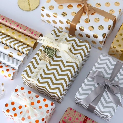 Rotolo Carta Da Regalo Lamina Metallica Stampa Oro Argento Righe Puntini Chevron Per Regali Di Festa Compleanno