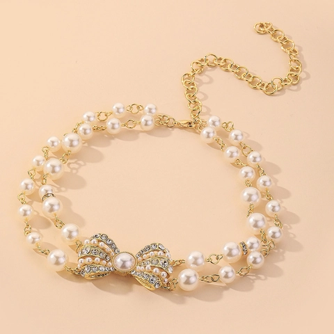 Dubbellaagse Kunstparelketting Met Strass Strik Hanger Elegante Retro Goudkleurige Legering Ketting Sieraden Voor Dames