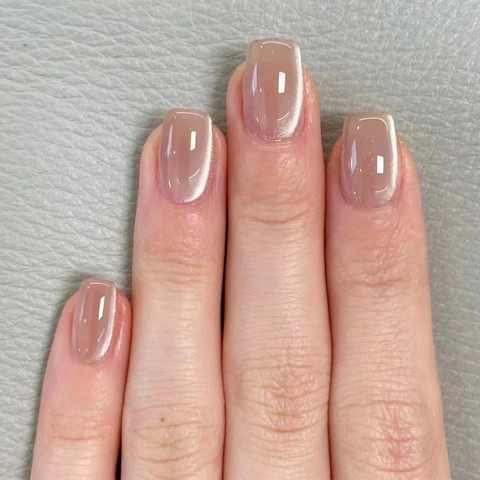 Unghie Finte da Applicare Rosa Nudo Occhio di Gatto Forma Trapezoidale Corta Eleganti Unghie Artigianali per Donna Manicure