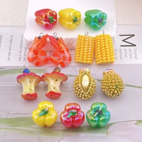 Realistic Simulation Food Pendants Resin Fruit Vegetable Charms With Metal Ring For DIY Jewelry Making Keychain Accessories