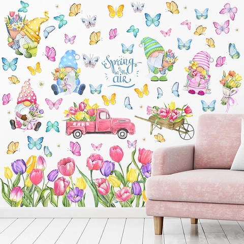 Spring Gnome Flower Butterfly Window Clings PVC Watercolor Self Adhesive Stickers For Glass Home Wall Decor