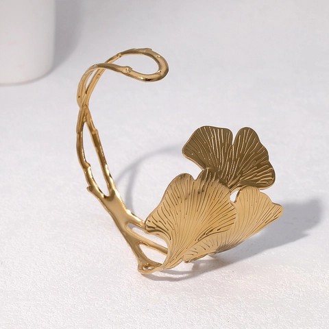Pulsera De Puño Con Hoja De Ginkgo De Acero Inoxidable Chapado En Oro De 18K Brazalete Abierto Joyería Estilo Naturaleza