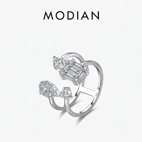Geometrischer Doppelschichtring 925 Sterlingsilber Zirkon Verstellbar Offenes Band Modeschmuck Für Damen