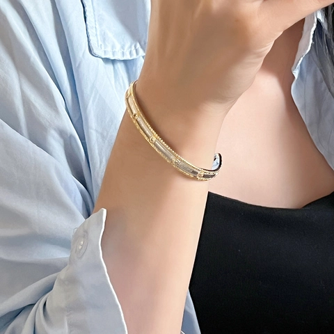 Open Cuff Bracelet Copper 18K Gold Plated Zircon Two-Tone Gold Silver Brushed Matte Milgrain Edge Elegant Women