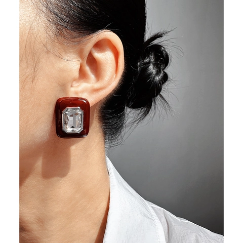Vintage Enamel Ancora Red Square Stud Earrings For Women Brass Gold Plated Rectangular Rhinestone Earrings Artistic Jewelry