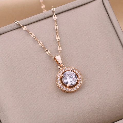 Round Zircon Pendant Necklace Stainless Steel Elegant Jewelry Gift For Women Gold Color Fashionable