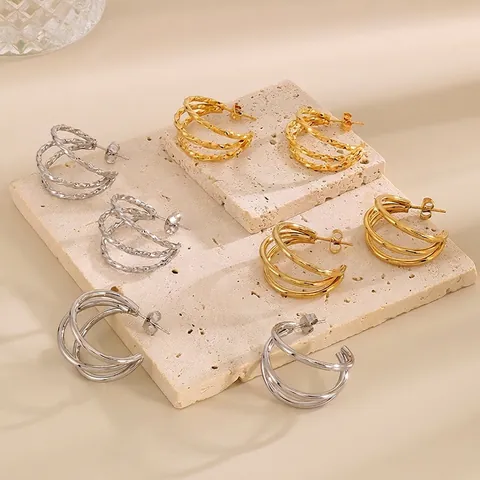 Boucles D'oreilles Créoles En Forme De C Multi-Couches Vintage Français Pour Femmes Bijoux En Acier Inoxydable