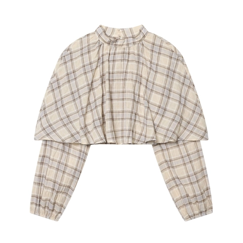 Karierte Langarm-Crop-Bluse Mit Halbhohem Kragen Und Gestuften Details Elegant Für Damen