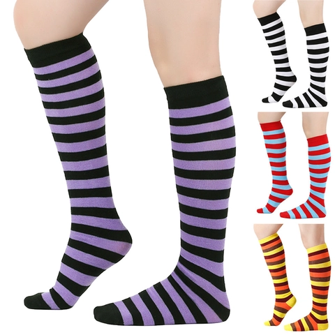 Women Over The Knee High Striped Socks Polyester Cotton Spandex Stretchy Cosplay Christmas JK Uniform Long Stockings