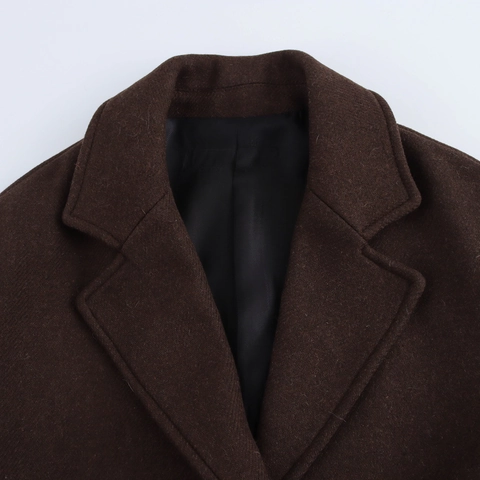 Women's European Fashion Loose Long Sleeve Lapel Coat Mid-Length Double Breasted Polyester Woolen Look Jacket Outerwear