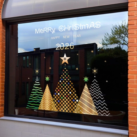 Christmas Window Stickers Static PVC Gold Green Geometric Tree Star Snowflake Glass Decoration Shop Home Reusable