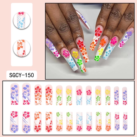 Press On Nails Long Coffin Trapezoid Colorful Floral Flower Pattern Tropical French Ins Style For Women Girls