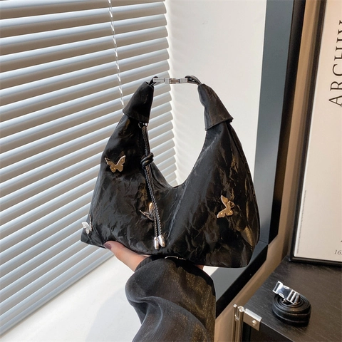 Butterfly Decoration Shoulder Bag PU Leather Crinkled Texture Adjustable Strap Y2K Trendy Underarm Hobo Bag For Women