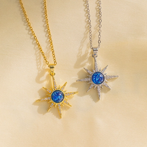 Collana con Pendente Stella Pianeta in Acciaio al Titanio Lusso Strass Pietra Blu Cielo Stellato Gioielli Donna