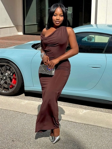 Asymmetric Shoulder Maxi Dress Polyester Spandex Ruched Sleeveless Bodycon Sexy Party Evening For Women