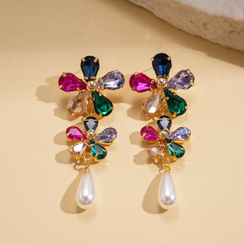 Orecchini Pendenti A Fiore Con Strass Colorati Perla Artificial Imitazione A Goccia E Perno In Argento Placcati Oro 18k