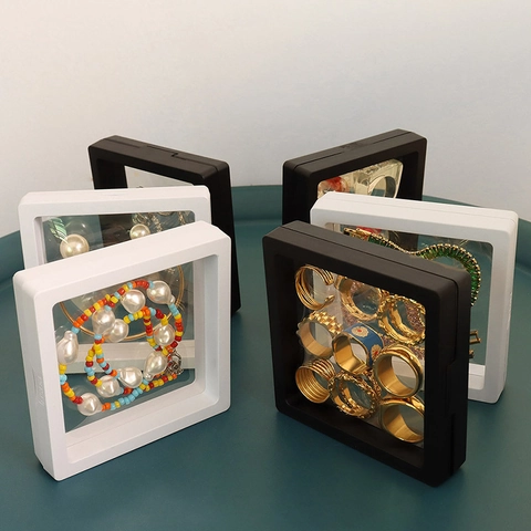 Floating Jewelry Display Box PE Film Transparent Square Suspended Case For Rings Earrings Coins Dustproof Anti-Oxidation