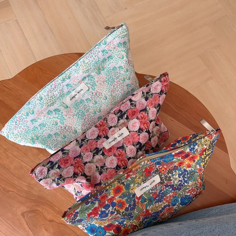 Trousse De Maquillage Florale Toile Coton Fermeture Éclair Pochette Cosmétique Organisateur Voyage Style Artistique Femmes