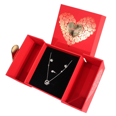 Schmuck Geschenkbox Mit Passender Tasche Und Grußkarte Rosen Herz Muster Doppeltür Öffnung Karton Koffer Für Halsketten Ringe Ohrringe