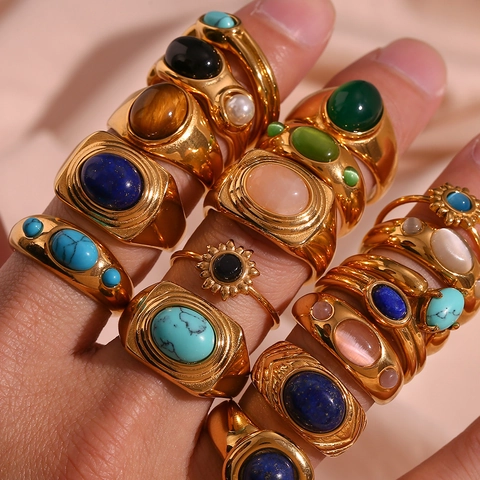 Anillo De Acero Inoxidable Chapado En Oro De 18K Vintage Para Mujer Corazón Flor Esmalte Piedra Natural Circonia Joyería