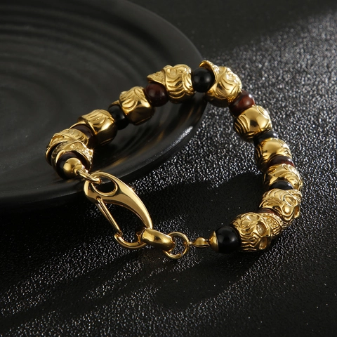 Men's Skull Head Bracelet Stainless Steel Natural Tiger Eye Volcanic Lava Stone Beads Punk Gothic Style Hand Jewelry