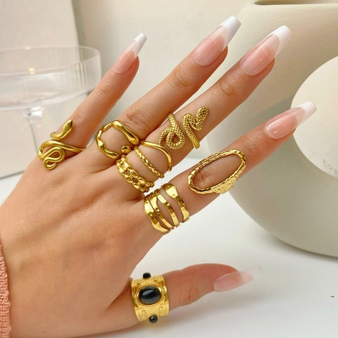 Bague Acier Inoxydable Femme Ajustable Plaqué Or Niche Luxe Serpent Cœur Géométrique Texture Bijoux