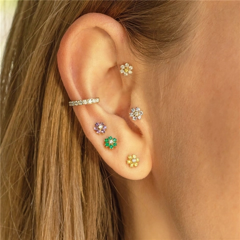 Boucles Oreilles Fleur Cuivre Plaque Or Zircone Cubique Mini Bijoux Delicats Pour Femmes