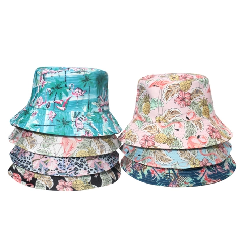 Tropical Print Bucket Hat Polyester Flamingo Pineapple Pattern Sunshade Beach Summer Outdoor Travel Sun Hat Women