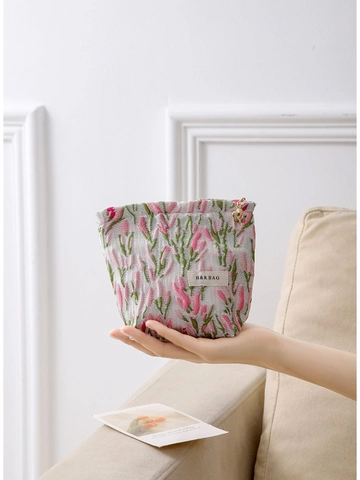 Makeup Bag Jacquard Canvas Tulip Floral Pattern Portable Travel Toiletry Organizer Zipper Pouch For Women