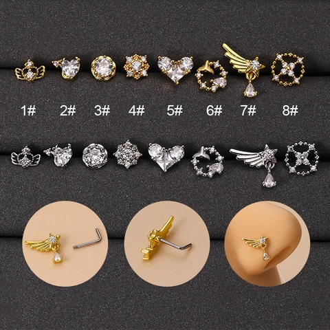 Zircon Nose Stud Stainless Steel Rod Copper Inlaid Heart Flower Wing Dangle Pendant Body Piercing Jewelry For Women