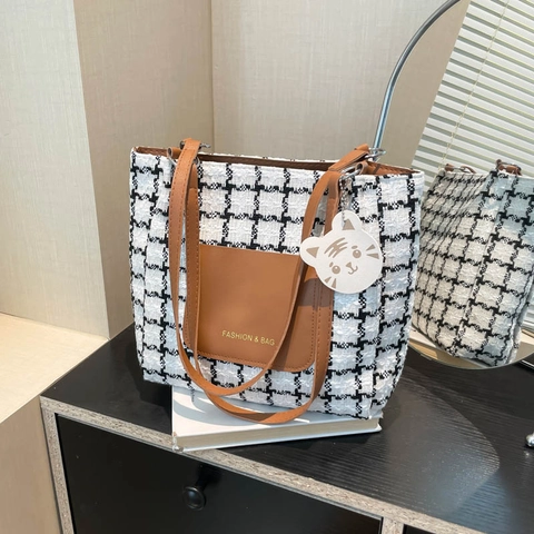 Borsa Tote In Tweed Pied De Poule Vintage Grande Capacità Borsa A Spalla In Pelle PU Con Ciondolo Animale Per Donna Casual