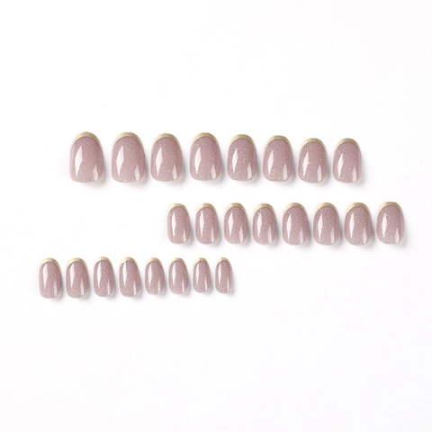 French Gold Tip Press On Nails Shimmer Glitter Nude Pink Oval Round Elegant Artificial False Nails For Women