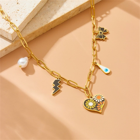 Collar De Acero Inoxidable Chapado En Oro Multi Dijes Perla Artificial Corazón Lazo Rayo Mal De Ojo Esmalte Joyería Tendencia Mujer