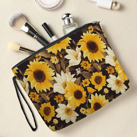 Sonnenblumen Blumenmuster Kosmetiktasche Tragbare Leinenimitat Reise Toilettenbeutel Mit Reißverschluss Und Handschlaufe Für Damen