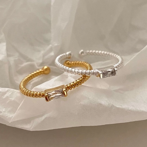 925 Sterling Zilveren Ring Met Baguette Geslepen Zirkonia Gevlochten Touwband Verstelbaar Open Ontwerp Vintage Dames