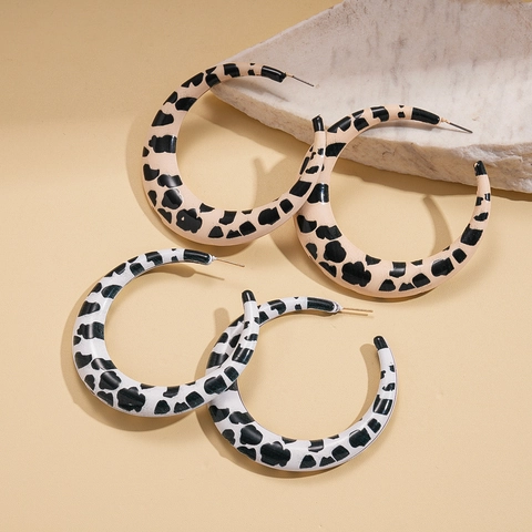 Large Hoop Earrings With Silver Earring Post Cow Pattern Animal Print Metal C-Shape Retro Chic Fashion Jewelry For Women