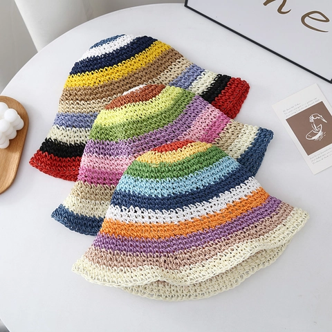 Cappello Da Sole Donna Estate A Righe Arcobaleno In Paglia A Tesa Larga Protezione Solare Traspirante Da Spiaggia