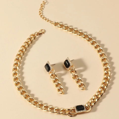 Modische Legierung Schwarz Strass Halskette Und Ohrringe Grobe Kette Punk Hip Hop Choker Schmuck Für Damen Mode Accessoire